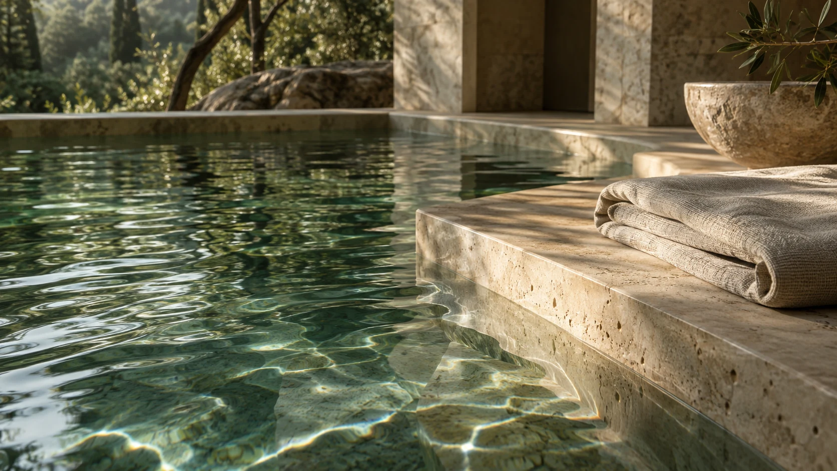 Edler Naturstein und ruhiges Wasser im Wellnessbereich